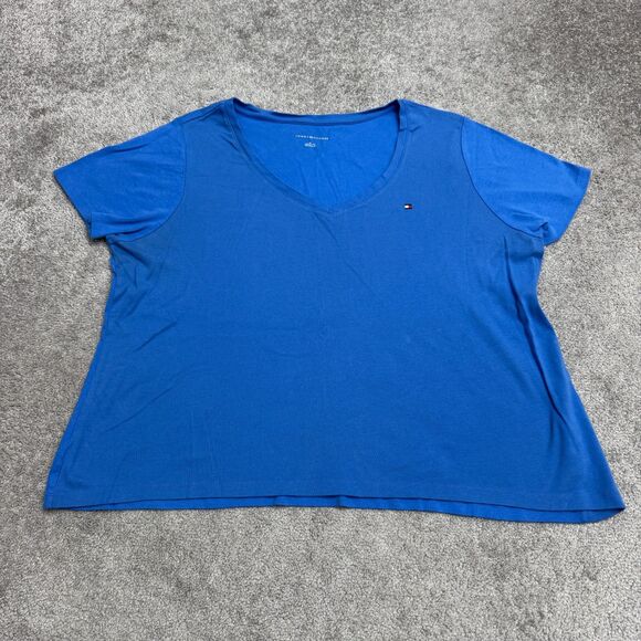 Tommy Hilfiger Basic V-Neck T-Shirt Womens 2X Plus Royal Blue Cotton Logo Tee - Picture 1 of 11